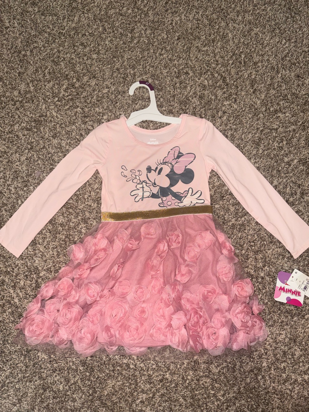 Disney Pink Minnie Mouse Long Sleeve Dress with Gold Waistband